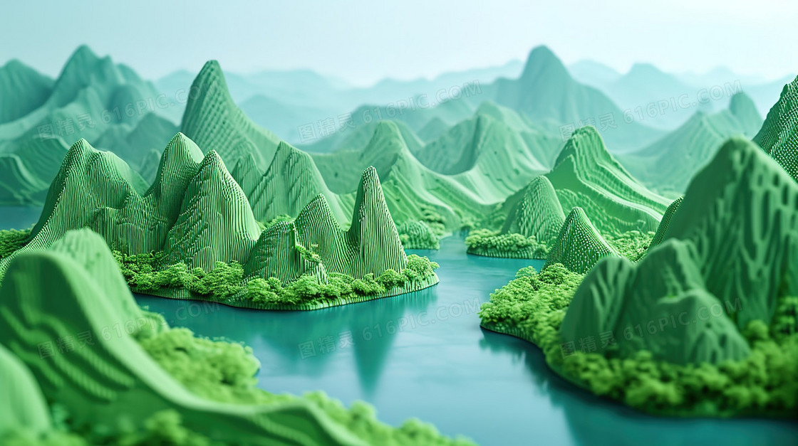 绿色立体模型山水风景图片