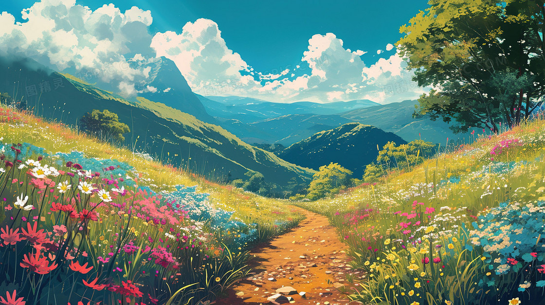 春分开满小花的山坡插画
