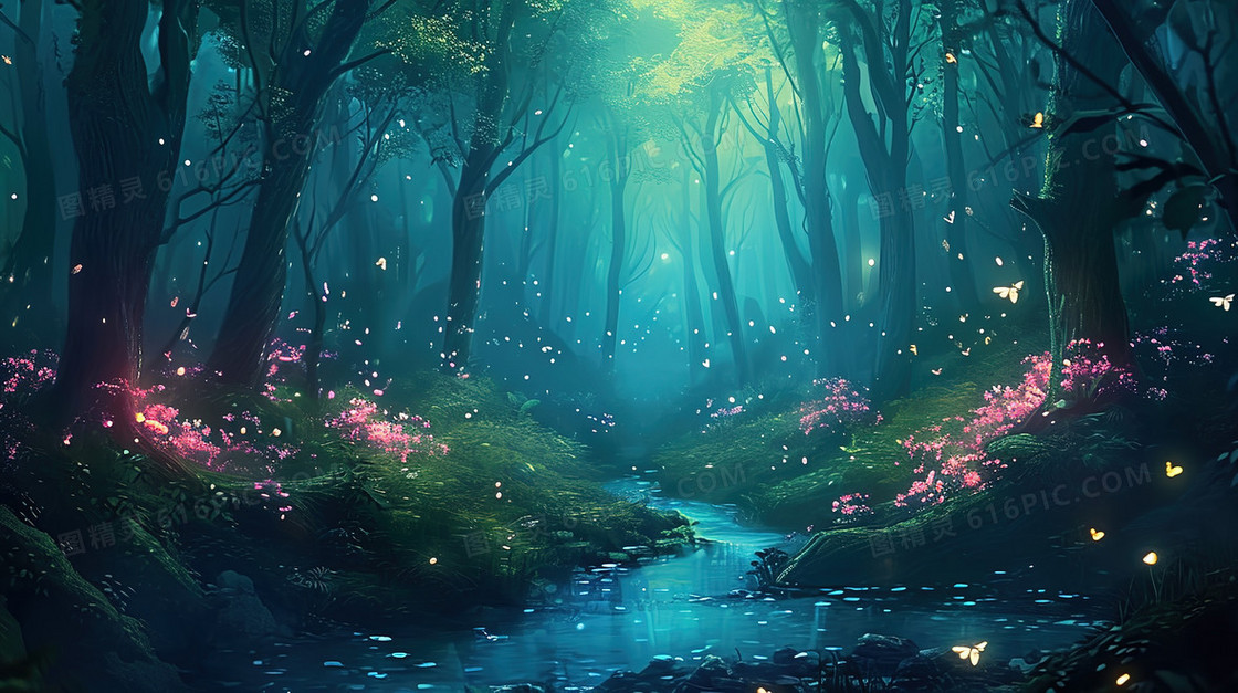 夜晚幽静的树林风景插画