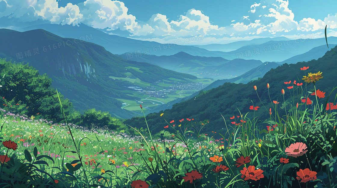 春分开满小花的山坡插画
