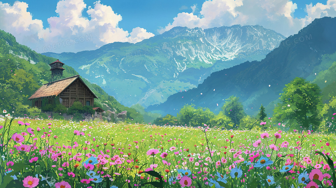 春分开满小花的山坡插画