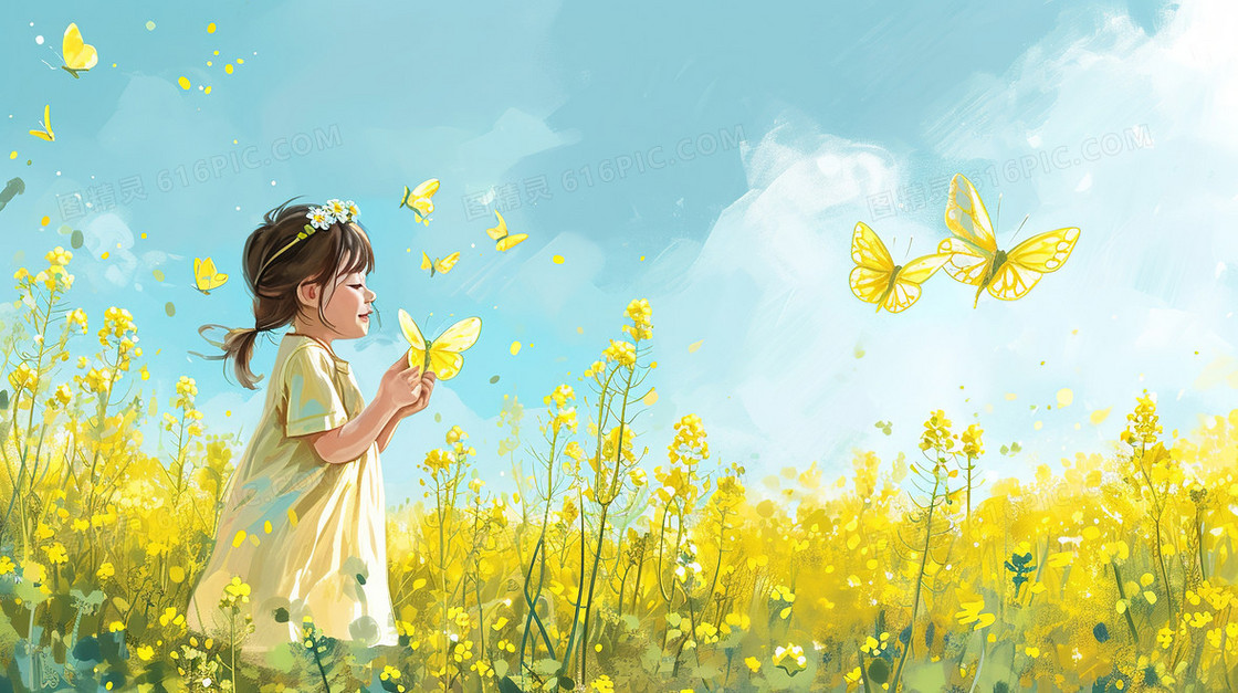 唯美春季黄色花海女孩插画