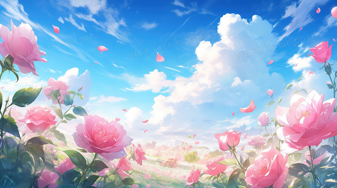 唯美蓝天白云下的玫瑰花海背景