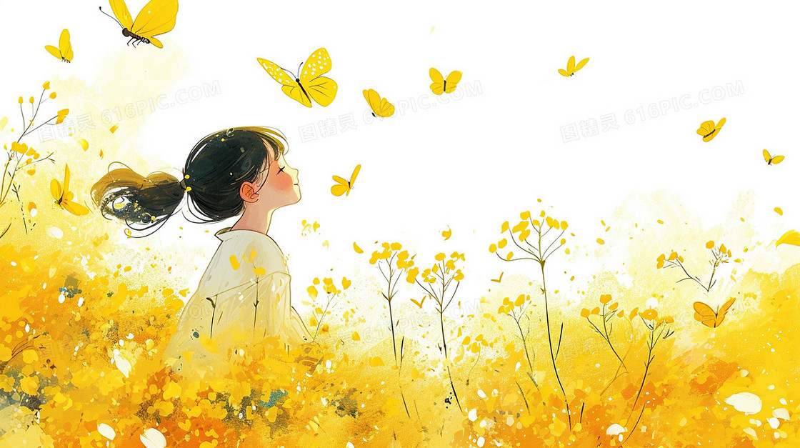 唯美春季黄色花海女孩插画