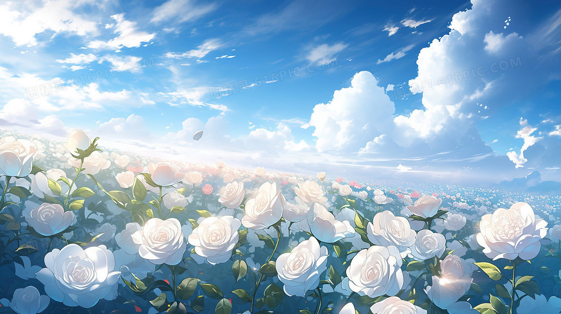 唯美蓝天白云下的白玫瑰花海背景