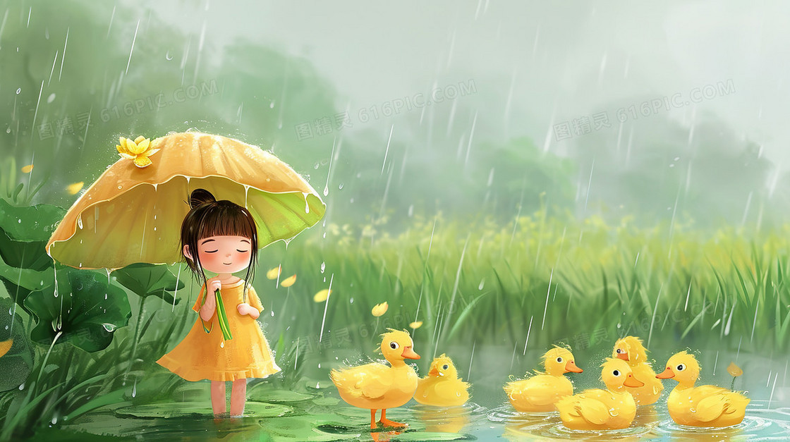 下雨天女孩和小鸭子插画