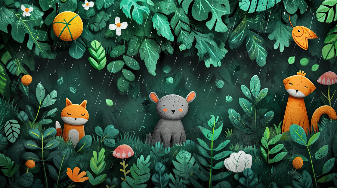 下雨天森林里小动物插画