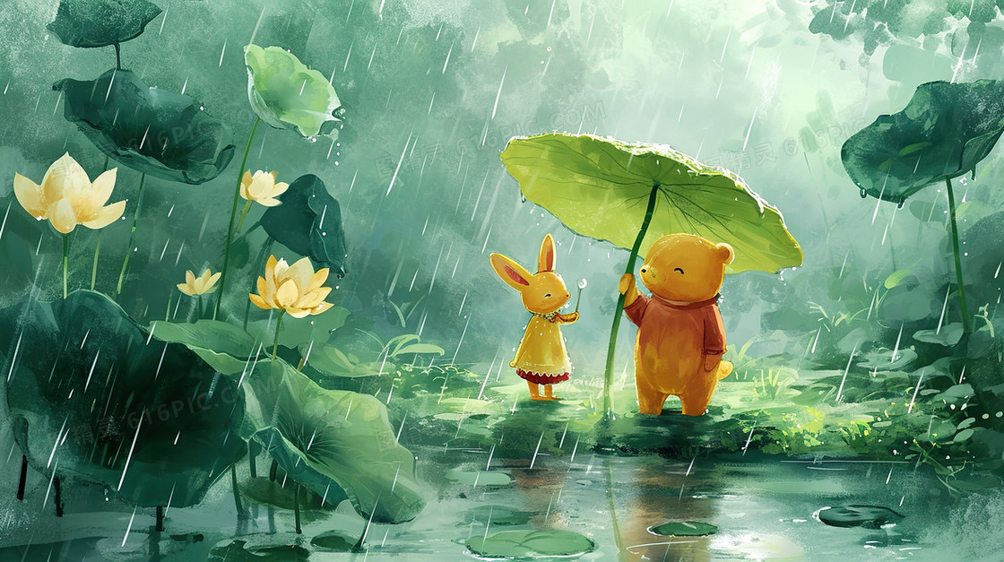 下雨天森林里打伞小动物插画