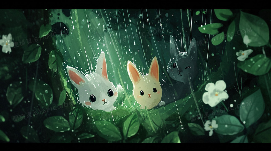 下雨天森林里小动物插画