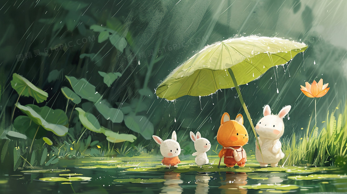 下雨天森林里打伞小动物插画