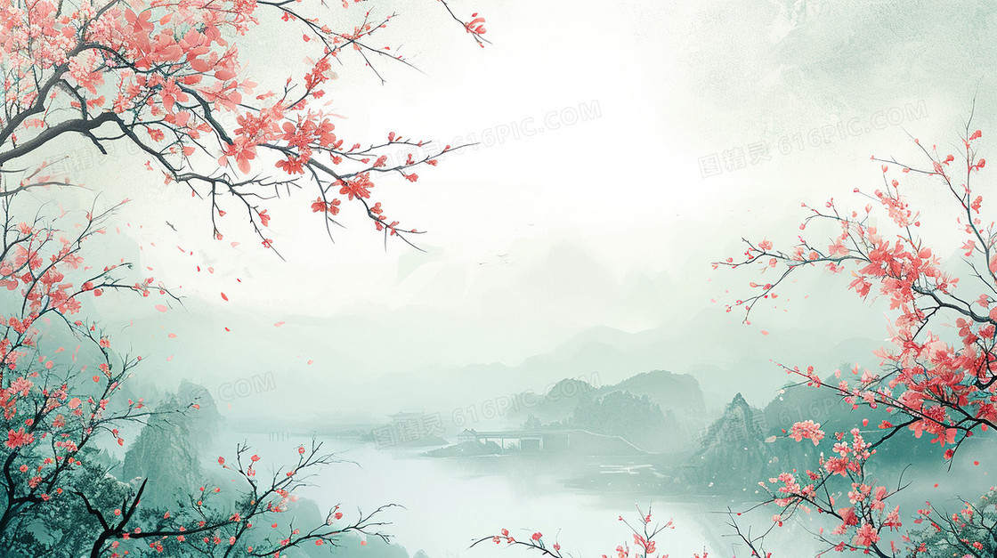 彩色唯美水墨风植物风景插画