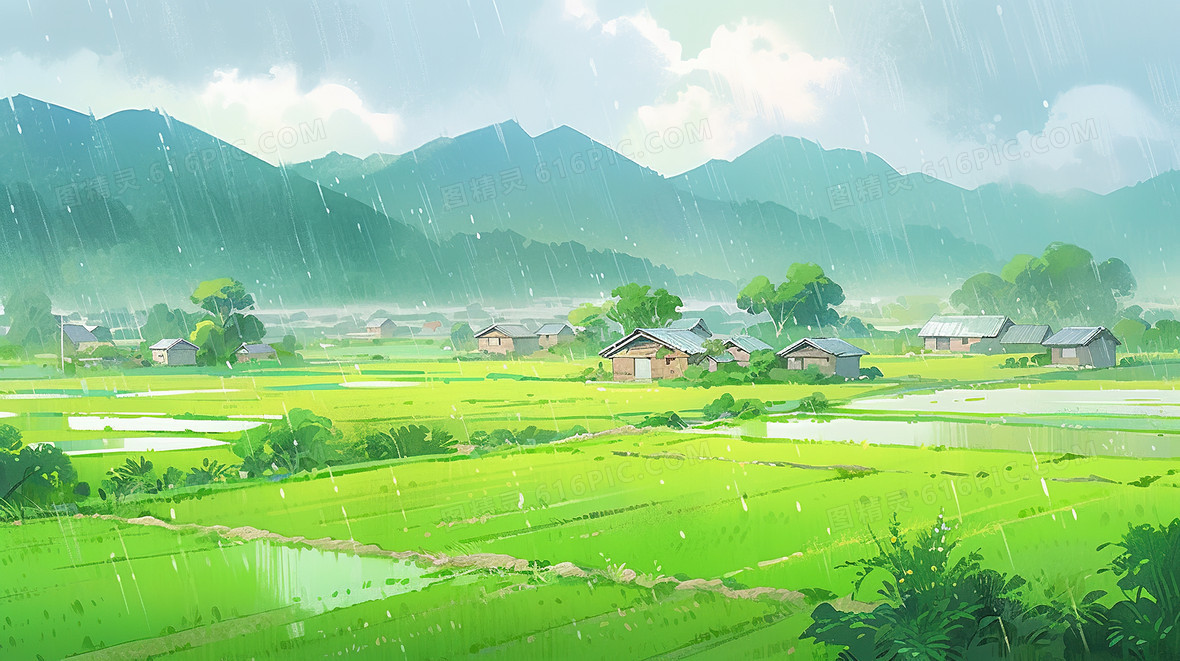 田园乡村下雨田野风景插画