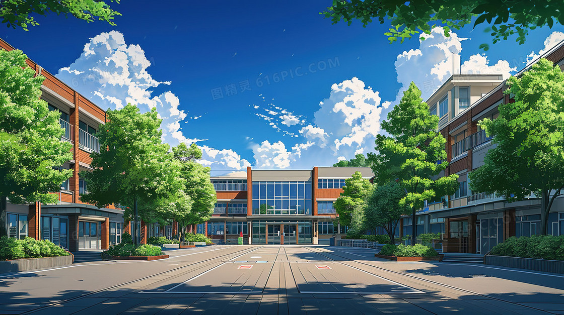蓝色校园教学楼场景背景