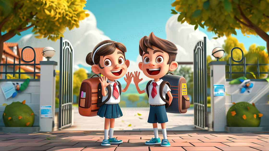 新学期幼儿园校门口男孩女孩插画