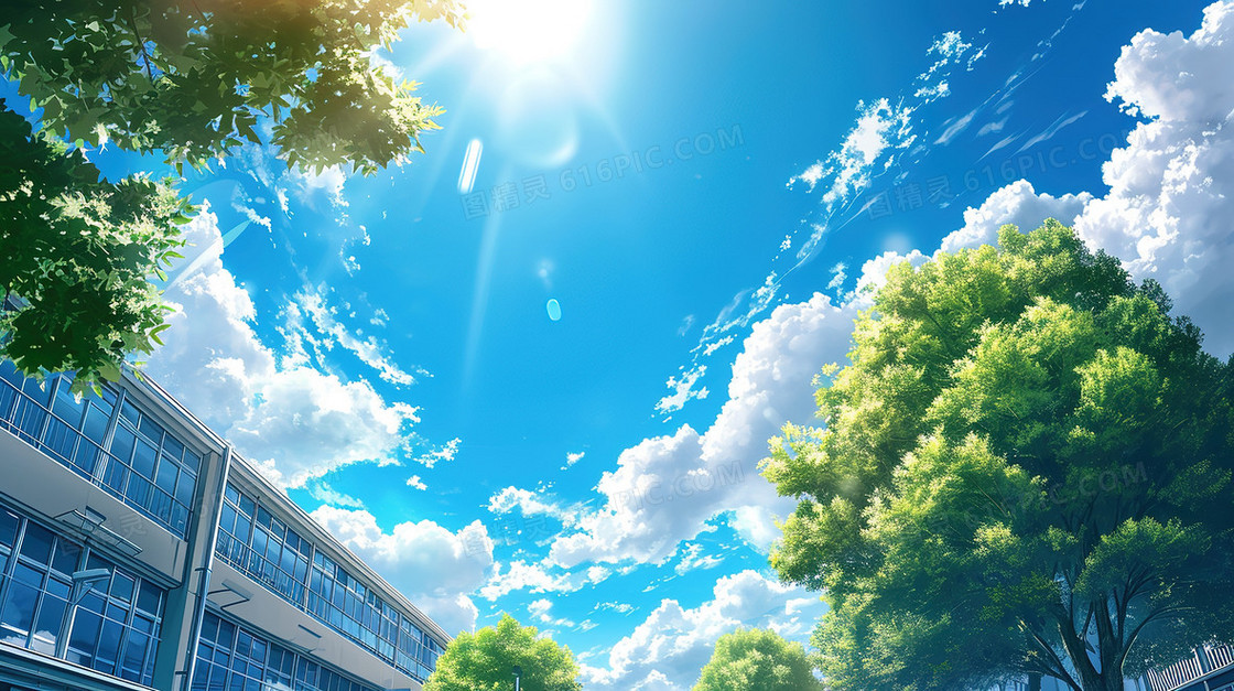 蓝色校园教学楼场景背景