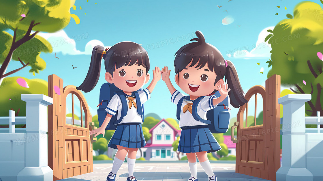 新学期幼儿园校门口男孩女孩插画