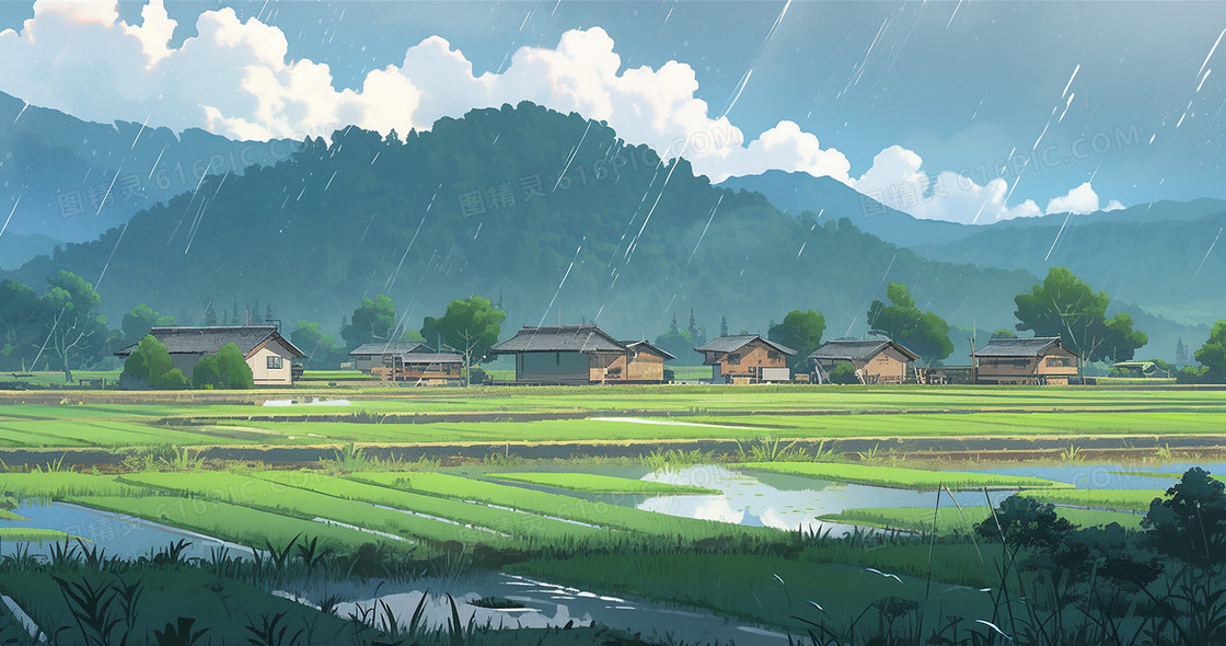 田园乡村下雨田野风景插画