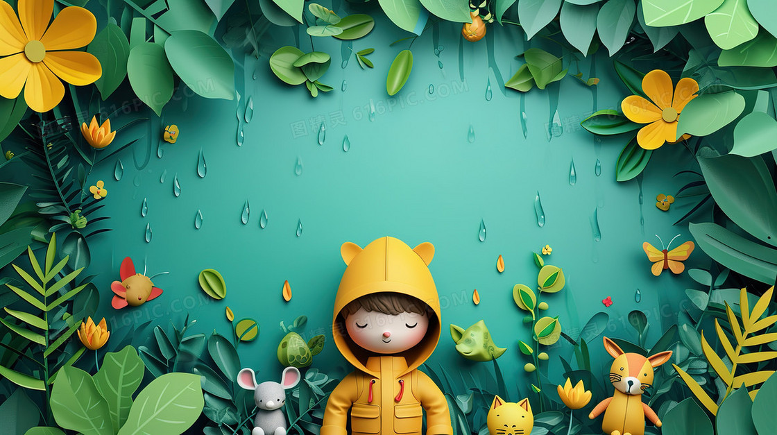 卡通风雨天儿童和动物插画