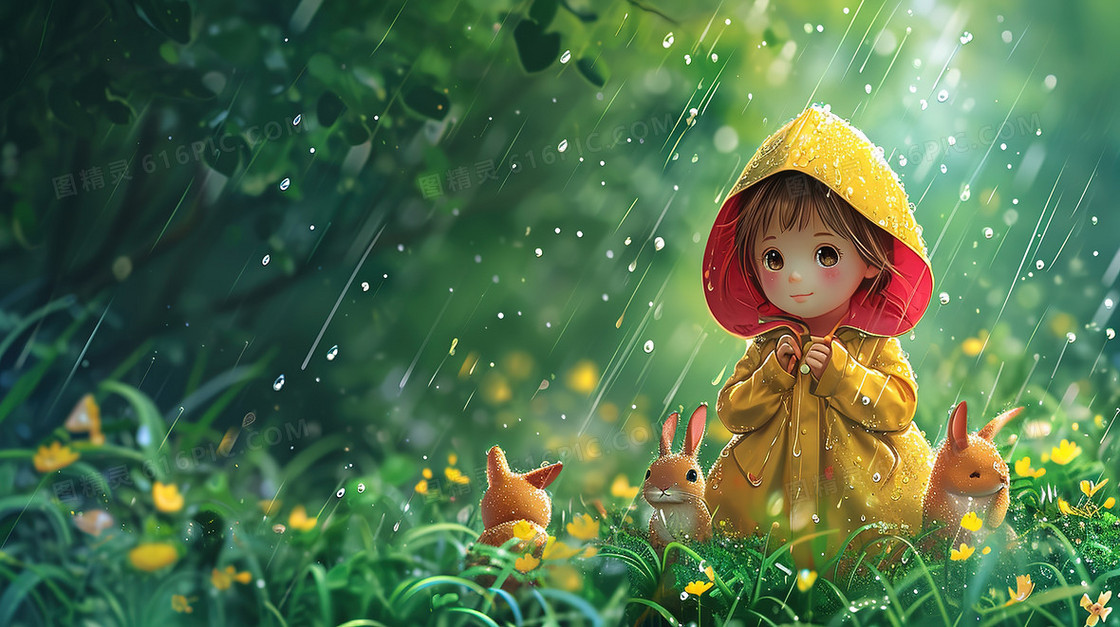 卡通风雨天儿童和动物插画