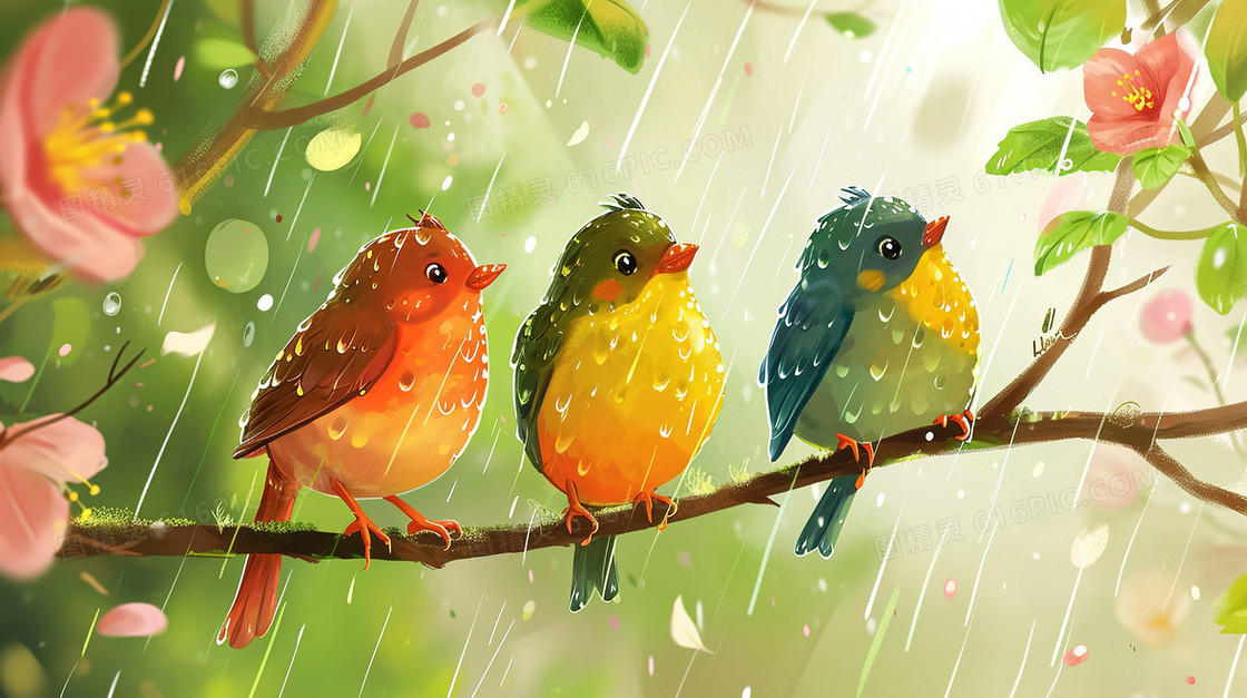春季雨天树枝上的小鸟插画