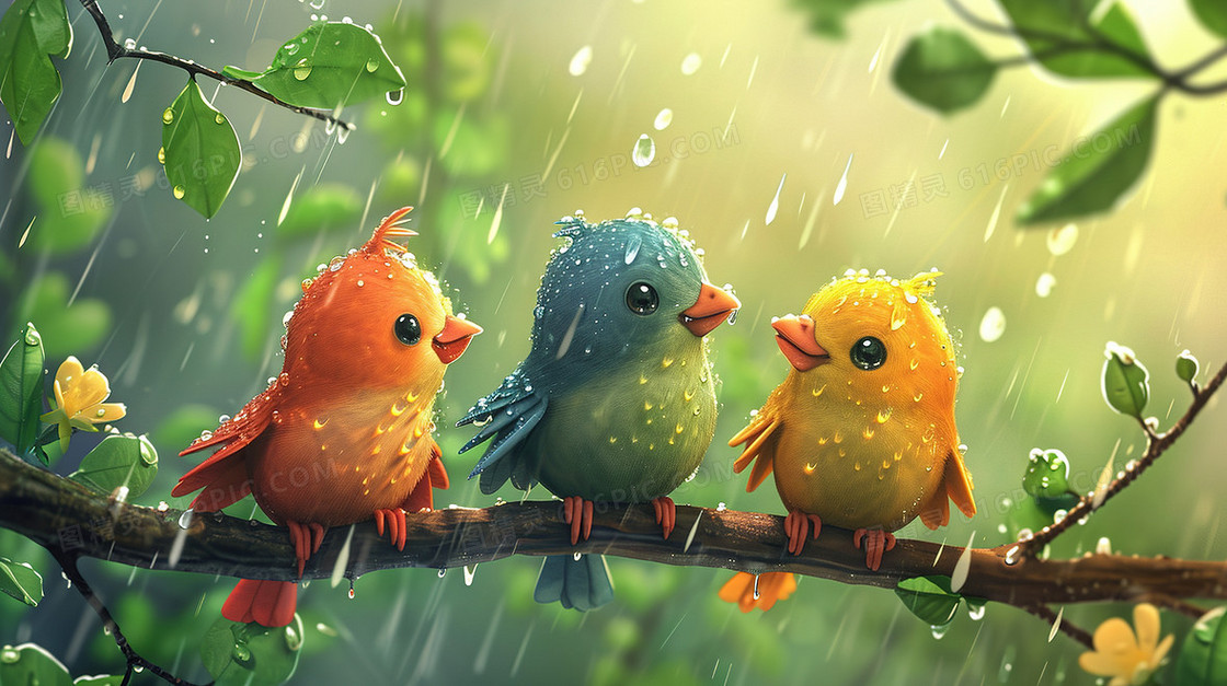 彩色春季雨天树枝上的小鸟插画