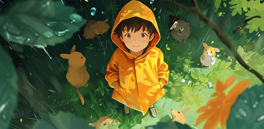 卡通风雨天儿童和动物插画