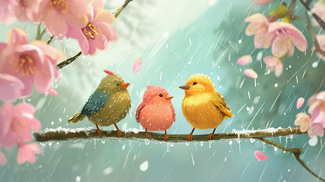春季雨天树枝上的小鸟插画