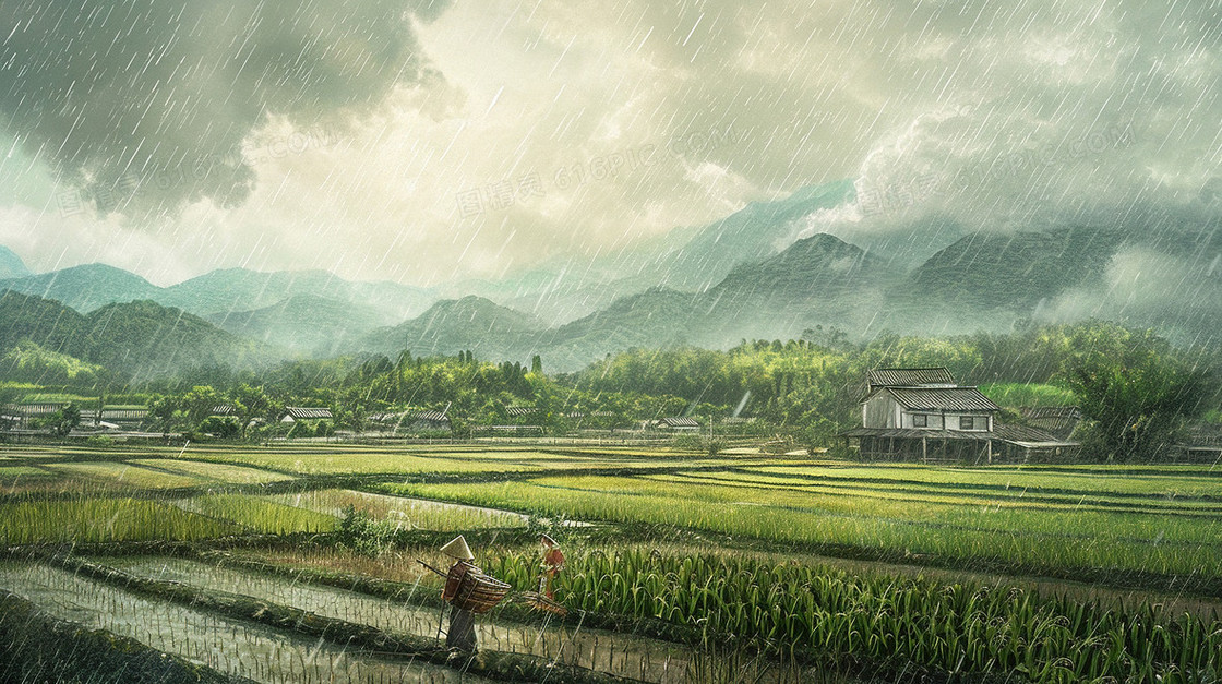 雨中农耕水稻插秧图片