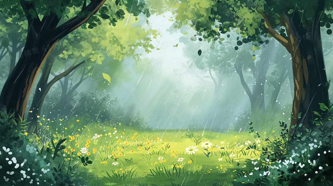 绿色春天雨中的森林插画