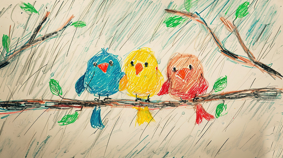 彩色春季雨天树枝上的小鸟插画