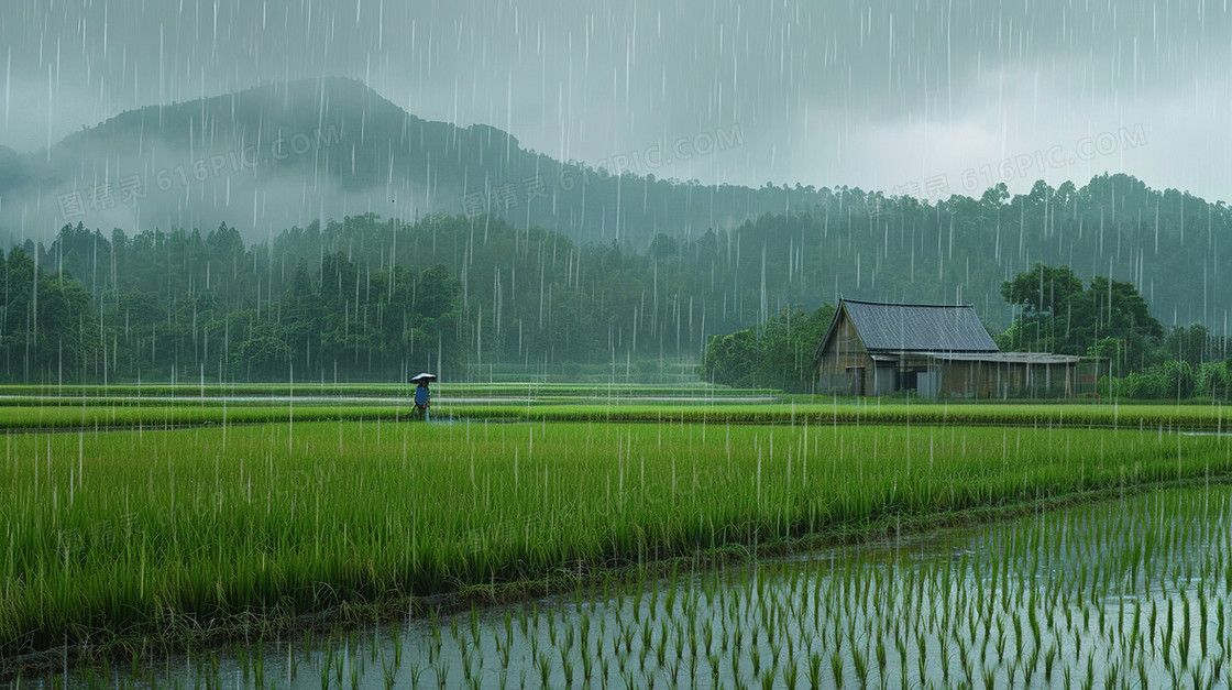 绿色雨中农耕水稻插秧图片