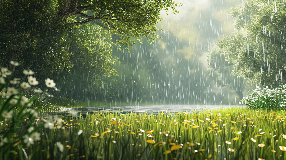 绿色春天雨中的森林插画
