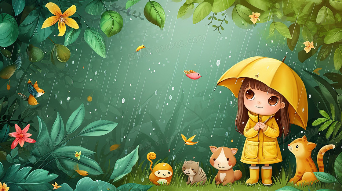 卡通风雨天儿童和动物插画