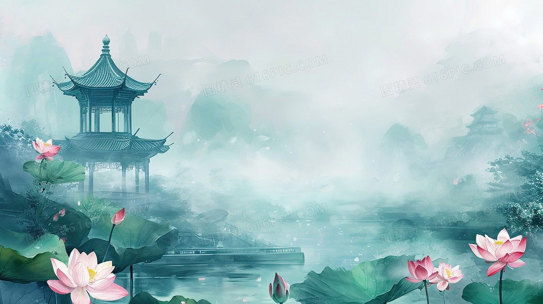 唯美中国风荷花湖心亭插画