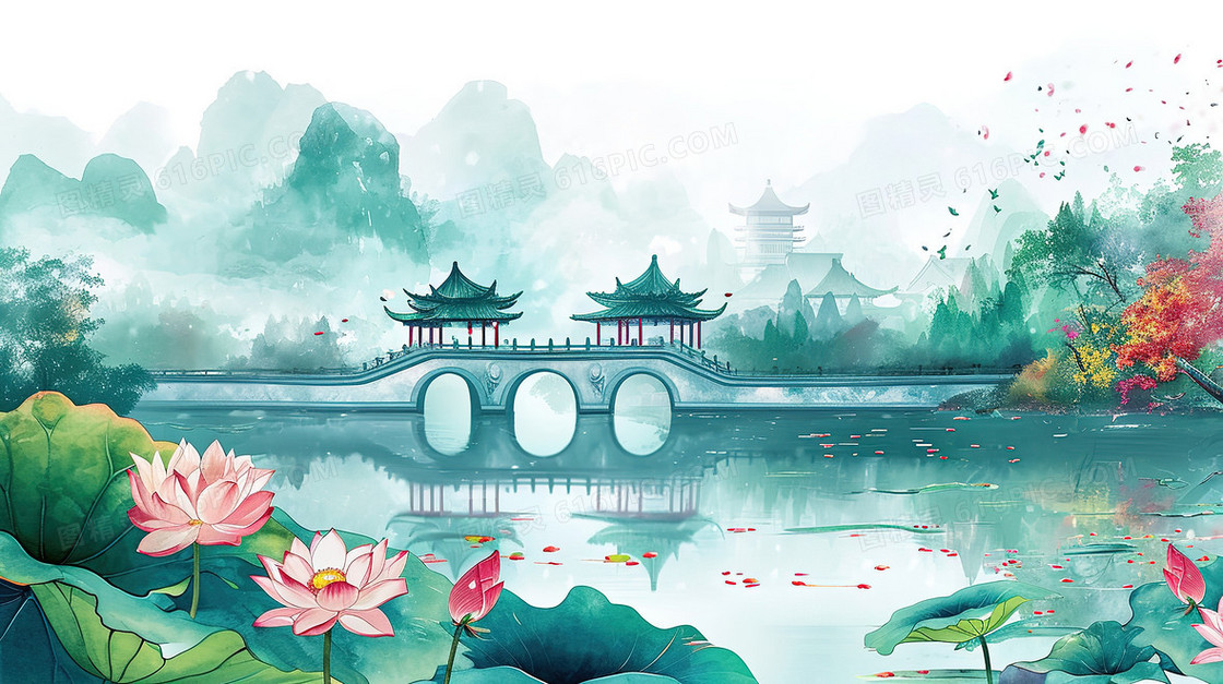 唯美中国风荷花湖心亭插画
