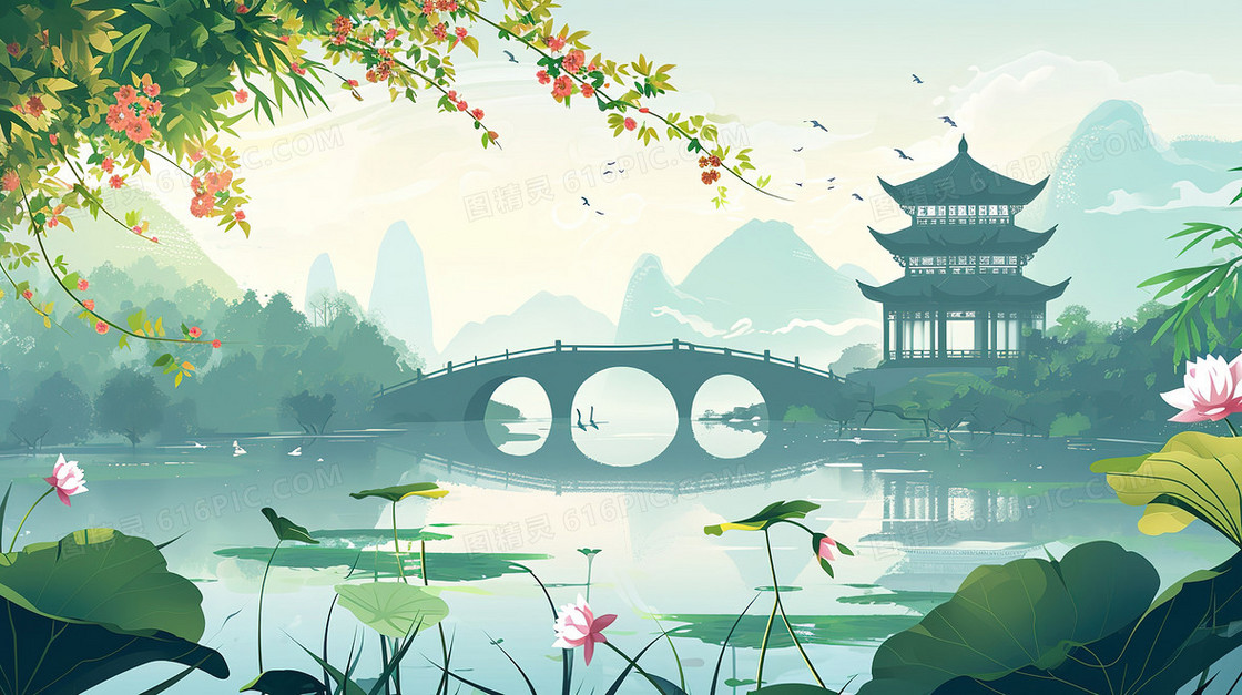 唯美中国风荷花湖心亭插画