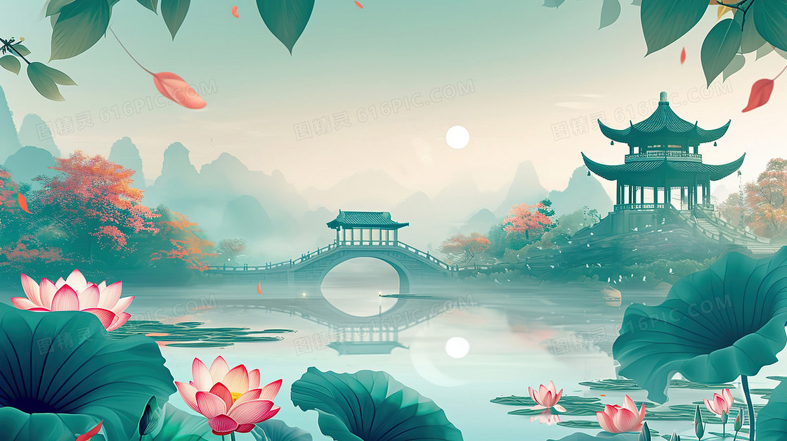 唯美中国风荷花湖心亭插画
