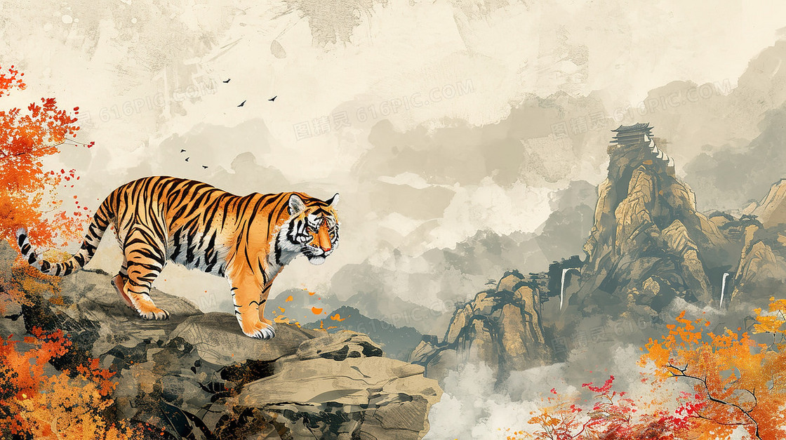 中国风陡峭石头上的老虎插画