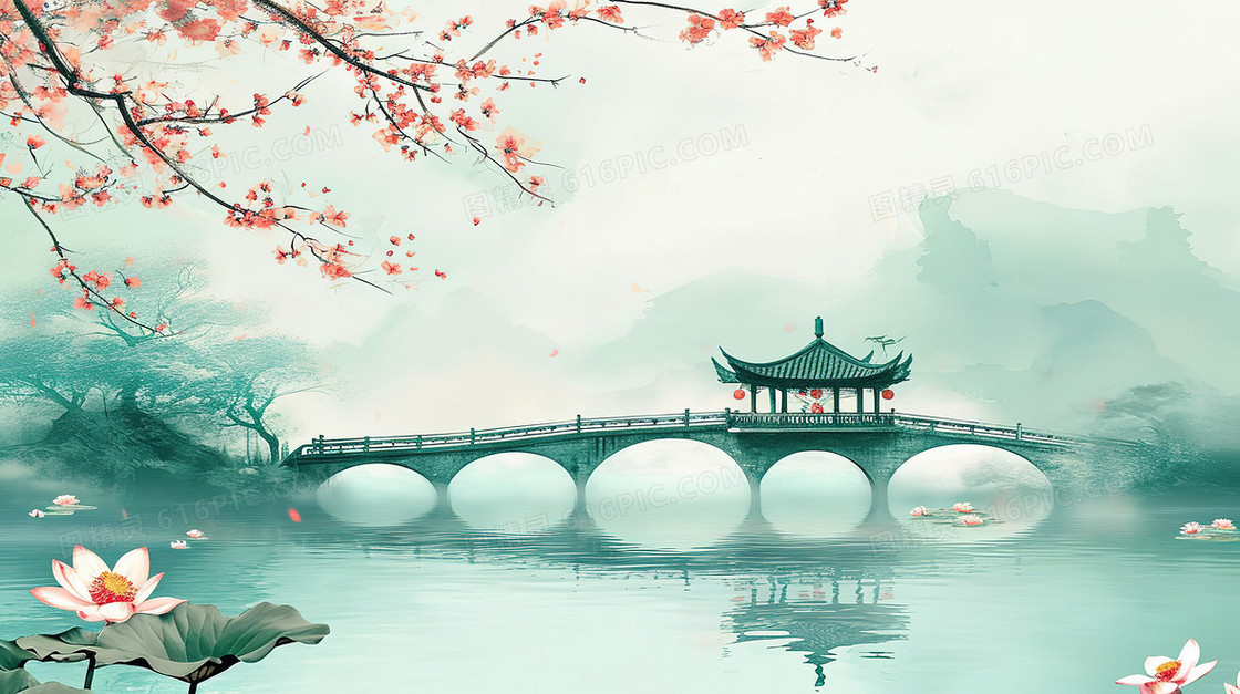 唯美中国风荷花湖心亭插画