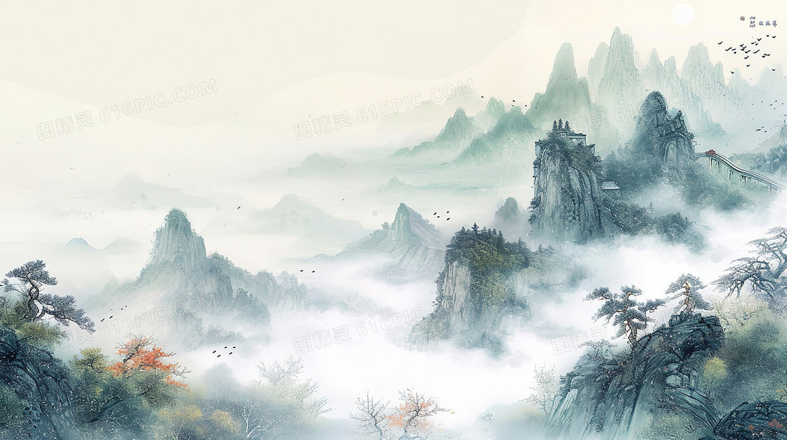 唯美中国风山水风景插画
