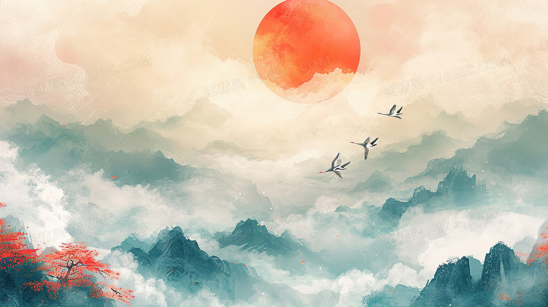 唯美中国风山水画风景插画
