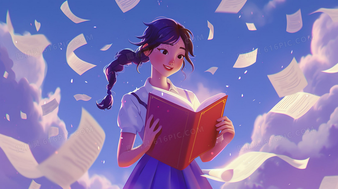 卡通风读书学习的女孩插画
