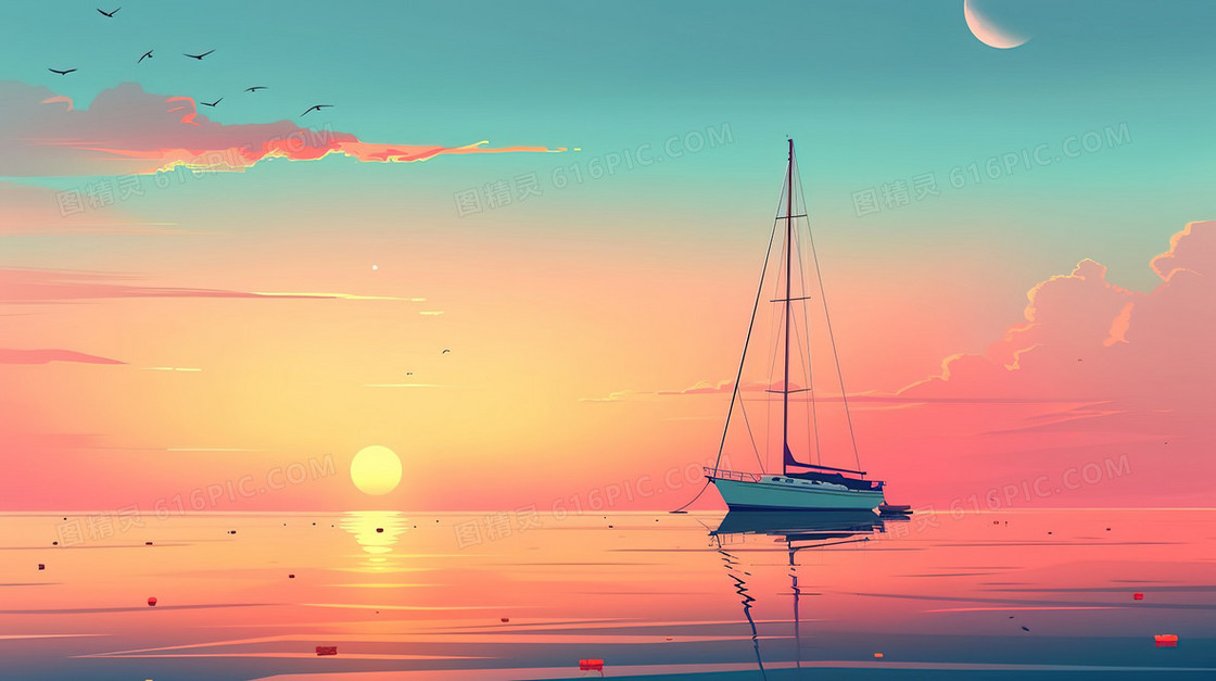 天空下的航海日帆船插画