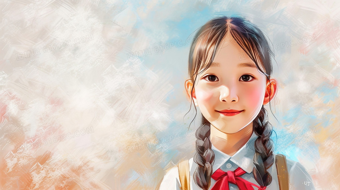 彩色卡通开学季中国小女孩插画