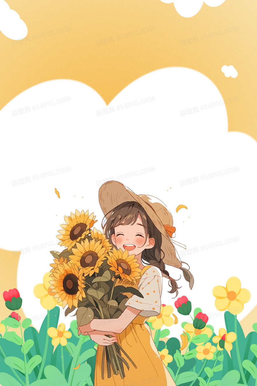 黄色手绘卡通女孩手捧向日葵合成背景
