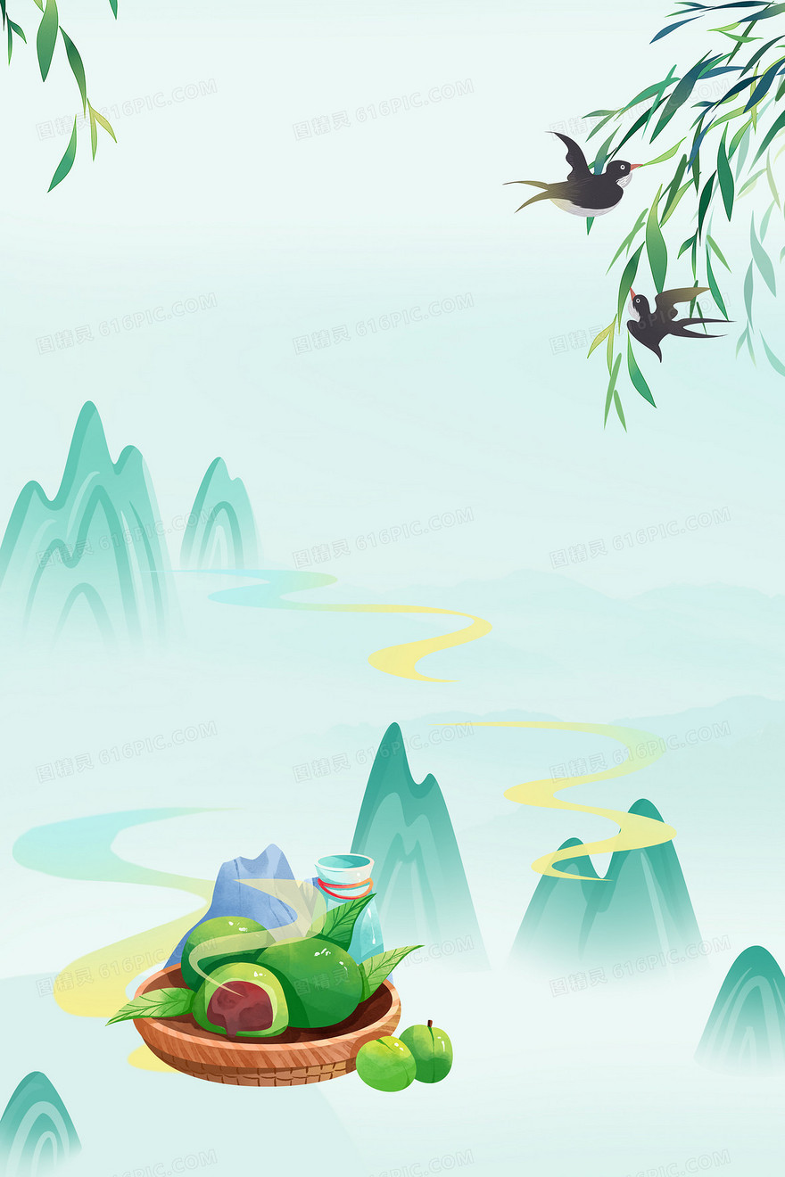 手绘中国风卡通清明节绿色背景