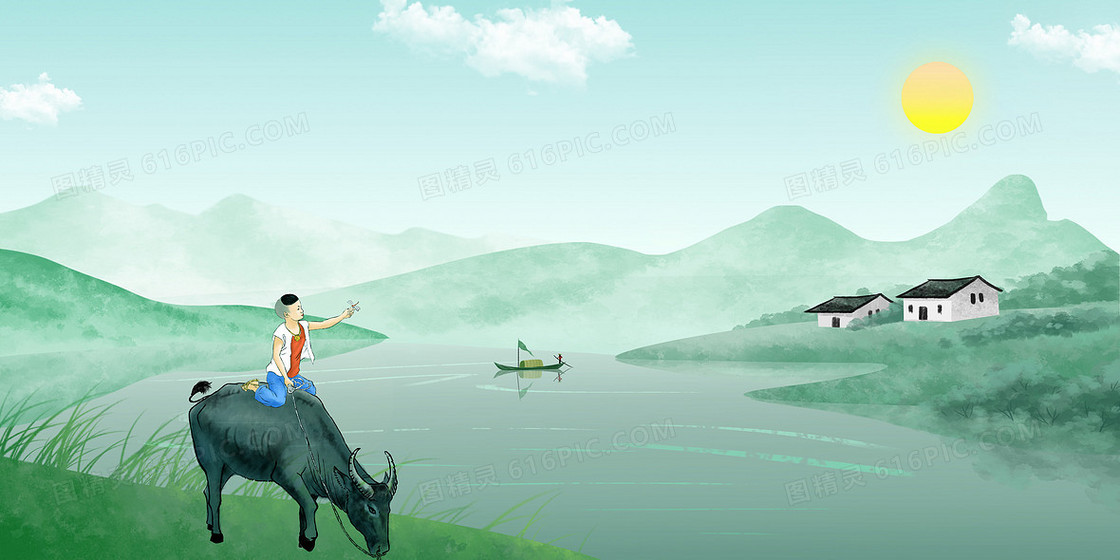 简约大气牧童骑牛合成背景