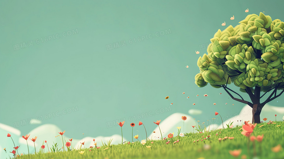 蓝天白云草坪上的野花和大树春天简约背景