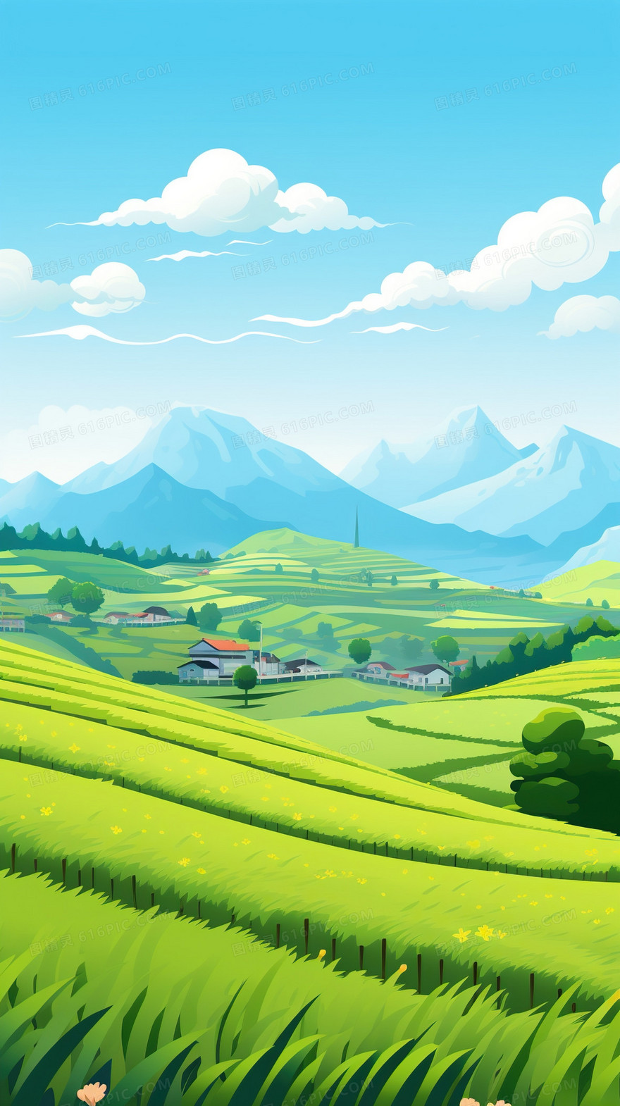 春天田野草地风景卡通背景