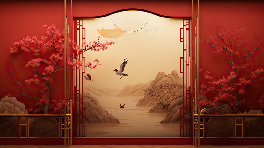 中国风喜庆新中式山水背景
